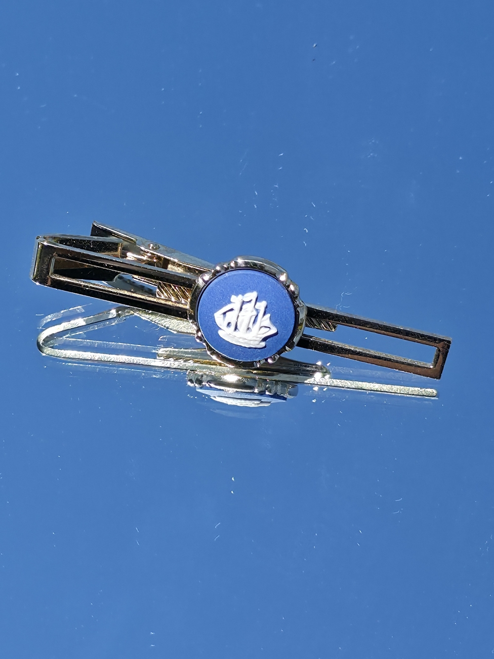 Vintage Wedgwood England Gold Plated Blue Jasperware Sailing Ship Tie Clip Bar